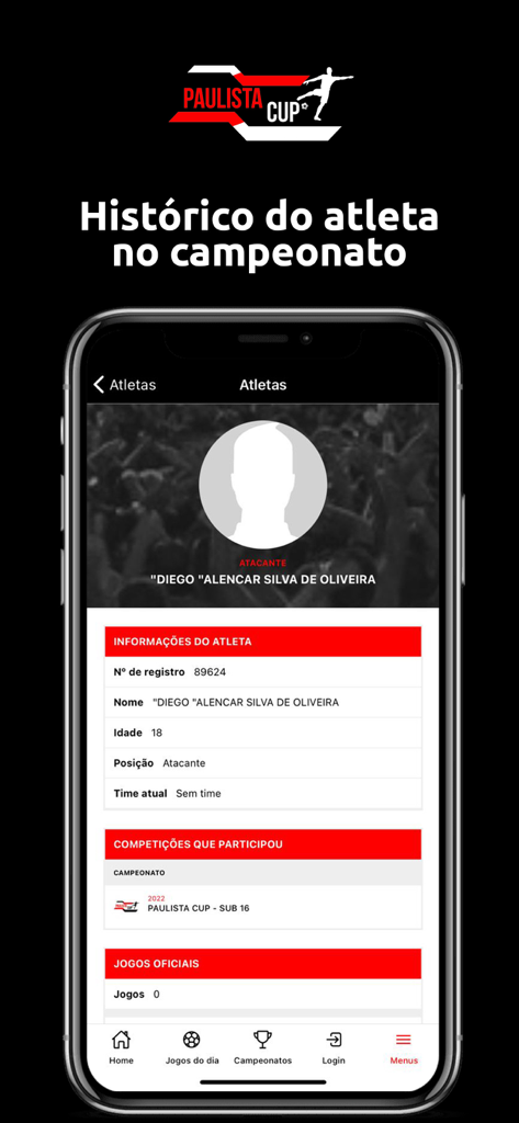 Paulista Cup - Athletenprofil-Bildschirm in der Paulista Cup-App mit Spielerinformationen und Wettbewerbshistorie.