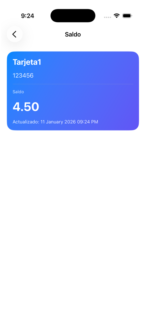 Saldo Panama MB - Una interfaz móvil de la aplicación Saldo Panama MB que muestra una tarjeta MetroBus registrada con un saldo restante de 4.50