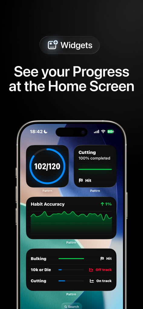 Pattrn AI - Self Improvement - Smartphone home screen featuring Pattrn AI widgets for tracking habits and goals