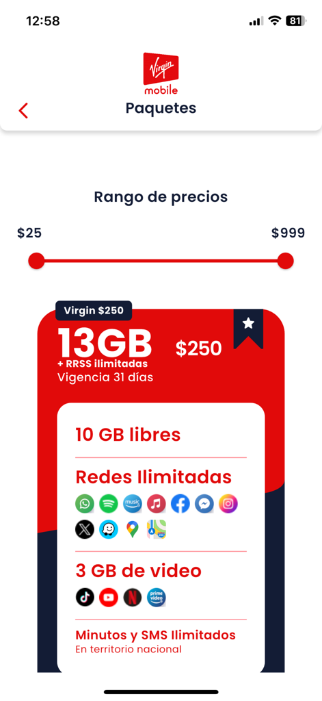 Virgin Mobile Mexico - Pantalla de la aplicación Virgin Mobile Mexico que muestra planes de datos móviles y opciones de precios