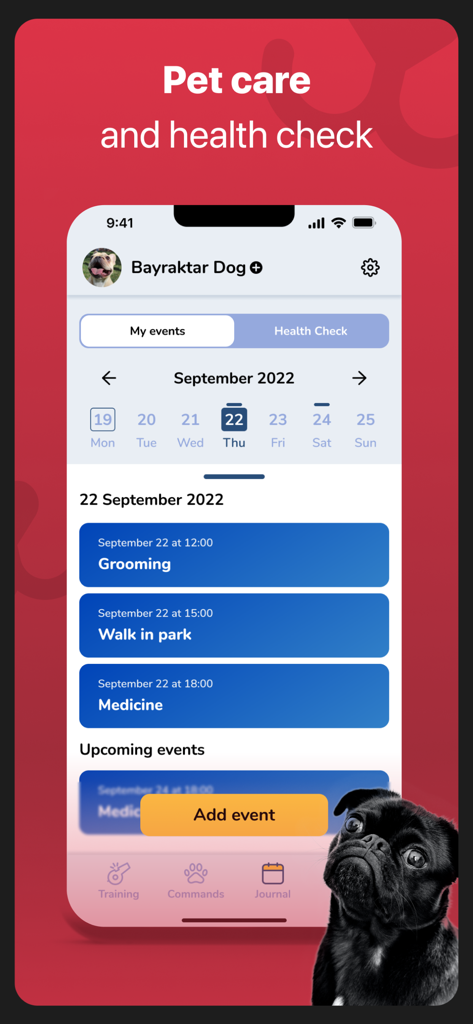 Dog Training & Clicker - Pawer - A mobile app interface for scheduling dog care activities like grooming and medication
