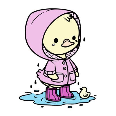 baby duck in a rain coat and boots, in a puddle while it’s raining