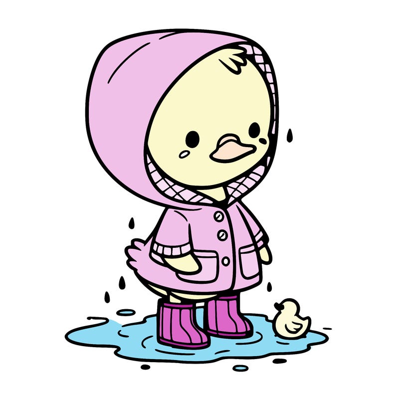 baby duck in a rain coat and boots, in a puddle while it’s raining