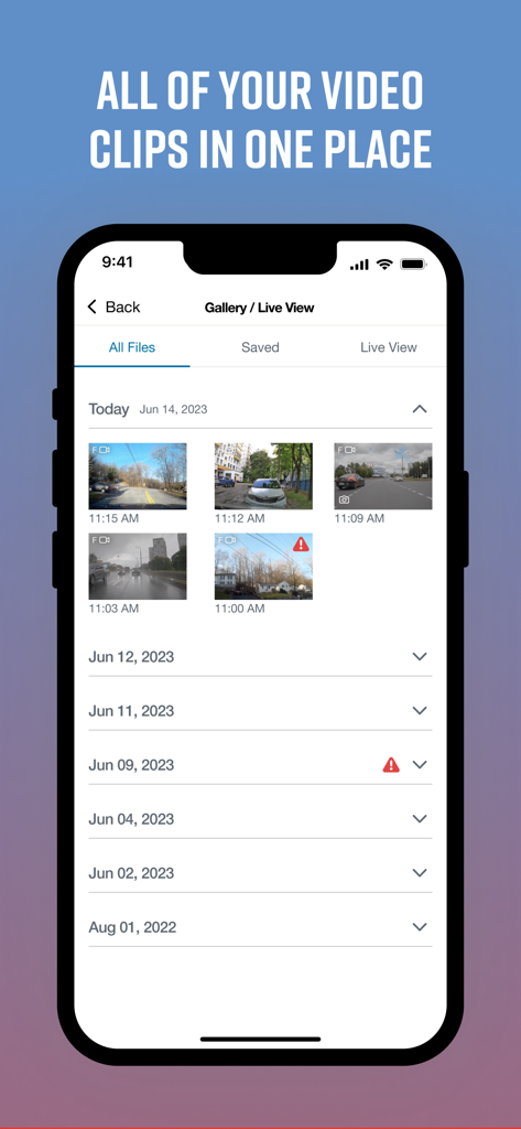 Drive Smarter app interface showing a list of dashcam video recordings organized by date in the gallery view