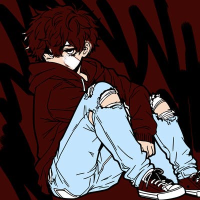 a male hoddie ripped jeans messy hair anime
