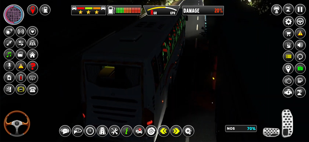 Public Transport Bus Games 3D - Juego nocturno de un simulador de autobús de transporte público que muestra el autobús y los controles de la interfaz