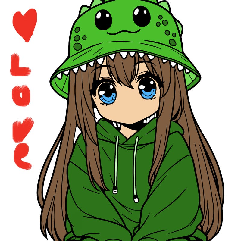 girl with anime shaped eyes with a dinosaur bucket hat oversized sweatshirt long straight hair