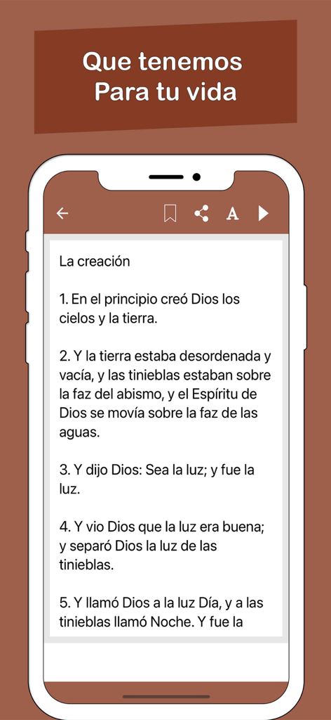 Santa BIblia Reina Valera 1960 - Pantalla de smartphone mostrando los primeros versículos del Génesis en español dentro de la aplicación Santa Biblia Reina Valera 1960