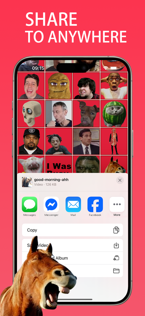 Interface showing the option to share meme sounds and videos from the app to social media platforms like Messages and Facebook.