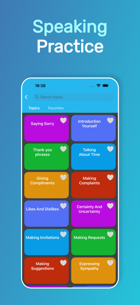 Lingo Speak: Learn English ABC - Menú de práctica de conversación en inglés que muestra temas de conversación como presentarse y hacer peticiones