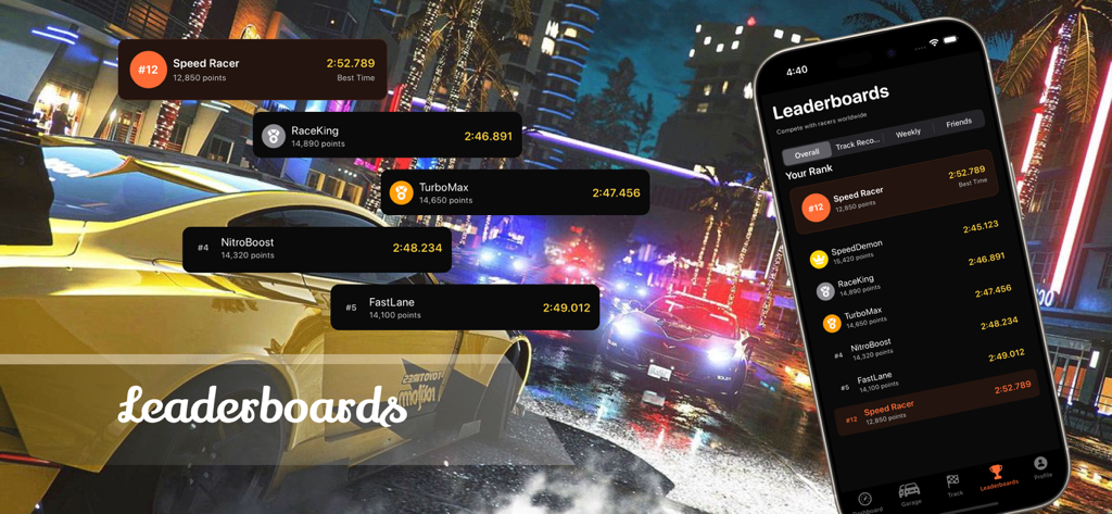 RaceLab Auto Performance Simu - Leaderboard screen in the RaceLab app showing player rankings and best lap times