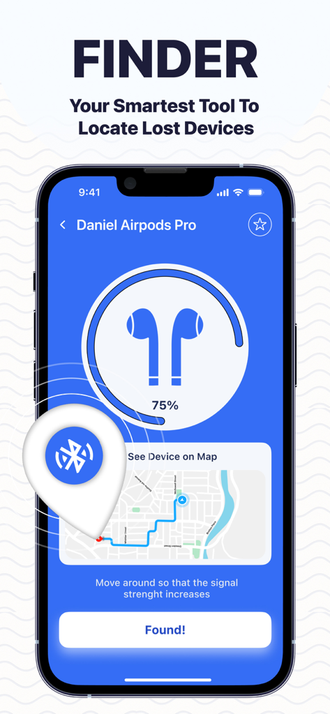 Find My Airbuds Device Finder - Find My Airbuds app interface showing a map and signal strength radar to locate lost Bluetooth earbuds
