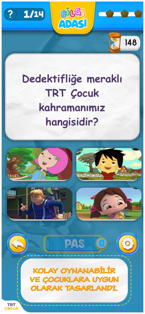 A quiz screen from TRT Bilgi Adasi app featuring Turkish cartoon characters and multiple choice questions.