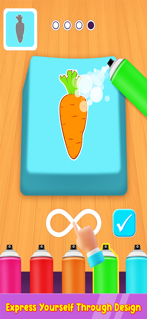 DIY Keyboard: Fun Art Games 3D - Uma interface de jogo mobile mostrando um spray verde pintando um design de cenoura em uma tecla de teclado azul.