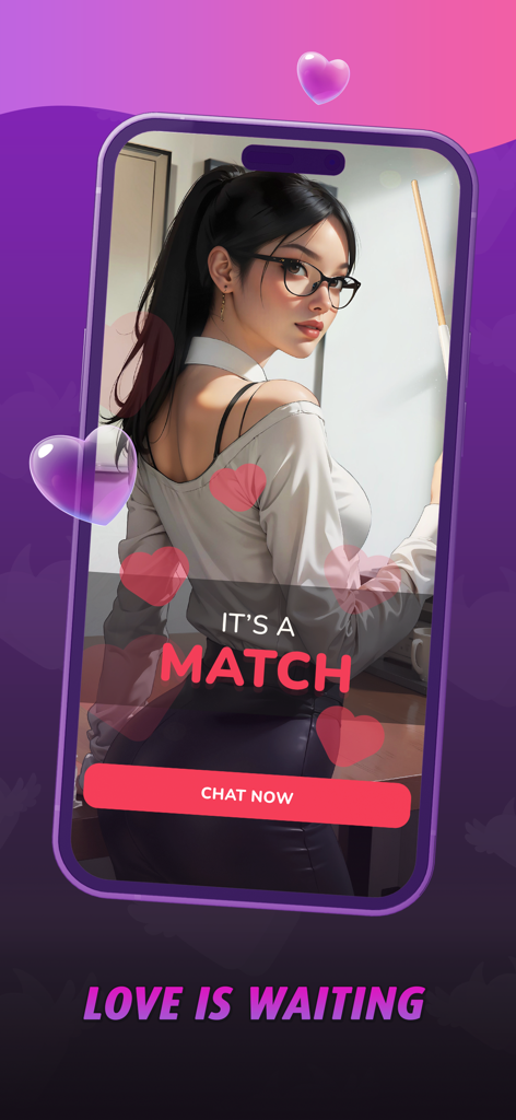 Love Eden: Chapters of Romance - A romantic match screen in the Love Eden mobile app showing a female character and a chat now button