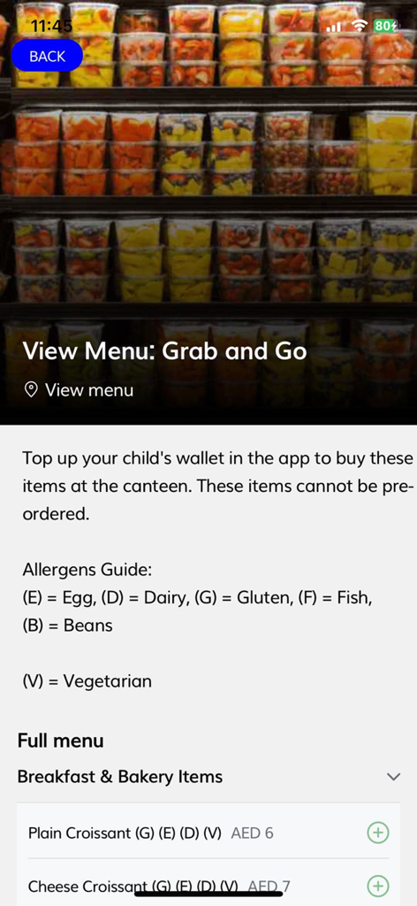 Kalo Hospitality app screen displaying a grab and go canteen menu with breakfast items and an allergen guide.