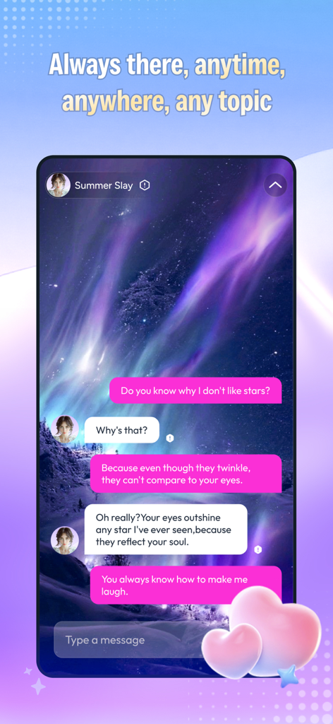 Baat Live - A screenshot of the Baat Live app showing a romantic chat conversation with an AI companion named Summer Slay against a starry aurora background.