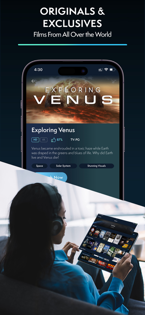 MagellanTV Documentaries - Una mujer con auriculares usando la aplicación MagellanTV en un iPad para buscar documentales de ciencia e historia