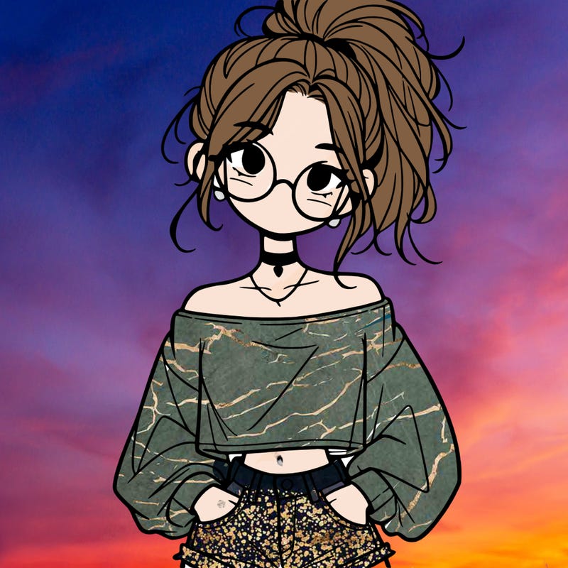 girl with a messy ponytail glasses a baggy crop top and jean shorts