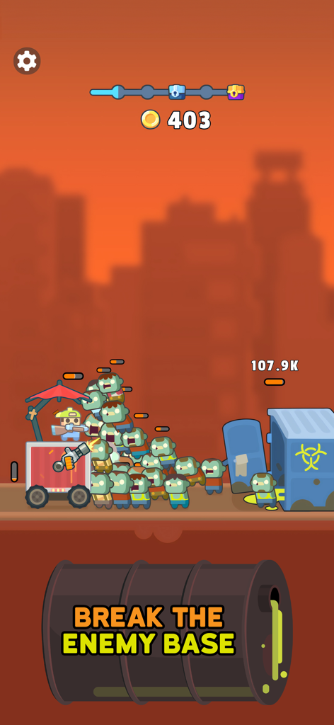 TDS - Tower Destiny Survive - Un personaje en una torre móvil disparando a una multitud de zombies que salen de una base enemiga