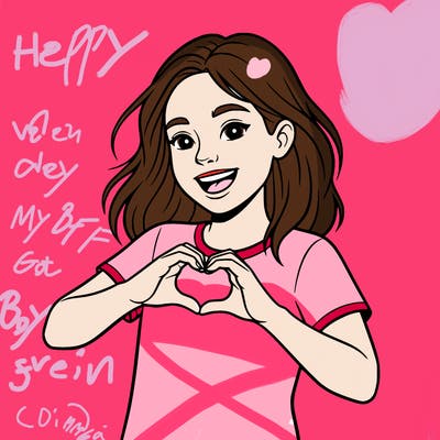 girl with shoulder length brown hair, she is making a heart shape with her hand and smiling