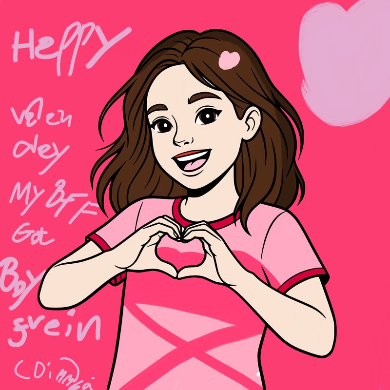 girl with shoulder length brown hair, she is making a heart shape with her hand and smiling