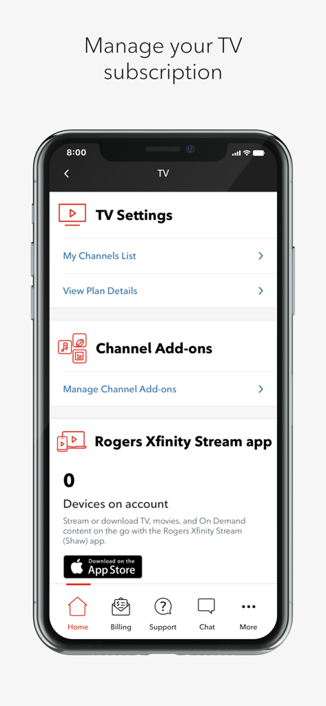 Interfaccia dell'app MyRogers Shaw che mostra le impostazioni TV e le opzioni di gestione dei pacchetti canali