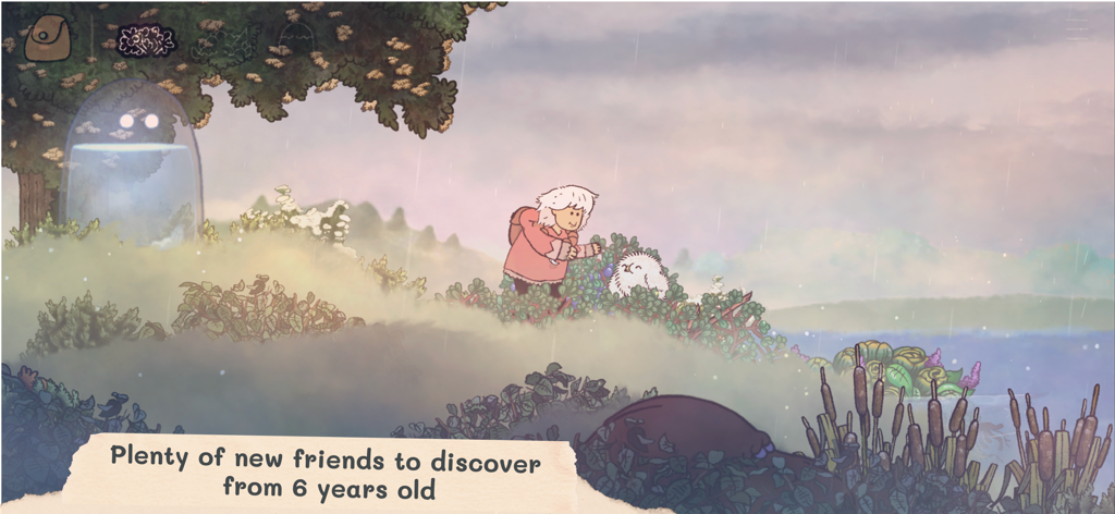 The Storyteller - A hand-drawn illustration of Omu meeting a white fluffy creature in a soft misty landscape