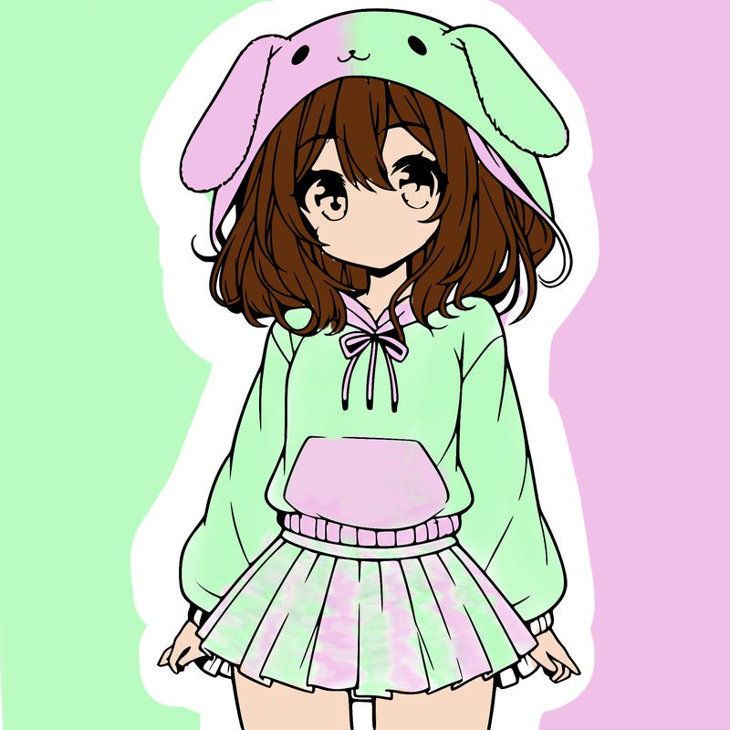 pretty anime girl wearing a fluffy hoodie with bunny ears on the hood and a skirt