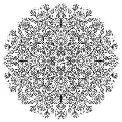 Discover tranquility with this stunning miniature roses mandala, a beautifully intricate design ready for your creative touch. This radial pattern combines delicate floral details with the calming symmetry of a mandala, perfect for a relaxing coloring session.
