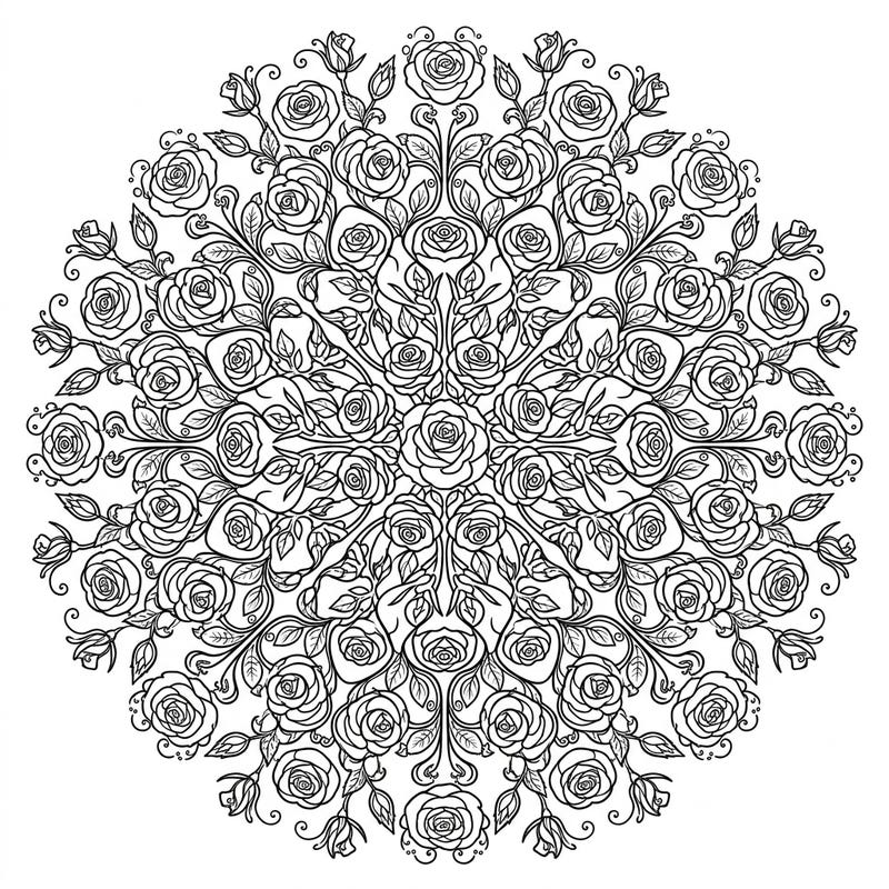 Discover tranquility with this stunning miniature roses mandala, a beautifully intricate design ready for your creative touch. This radial pattern combines delicate floral details with the calming symmetry of a mandala, perfect for a relaxing coloring session.