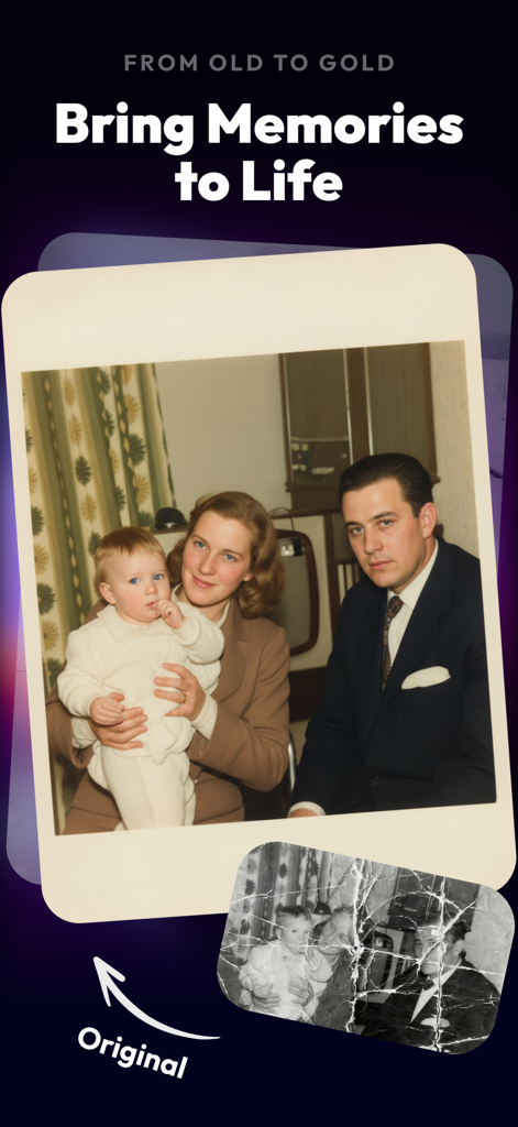 vivago.ai-AI Video&Effects - AI tool repairing a damaged vintage family photo into a clear color image