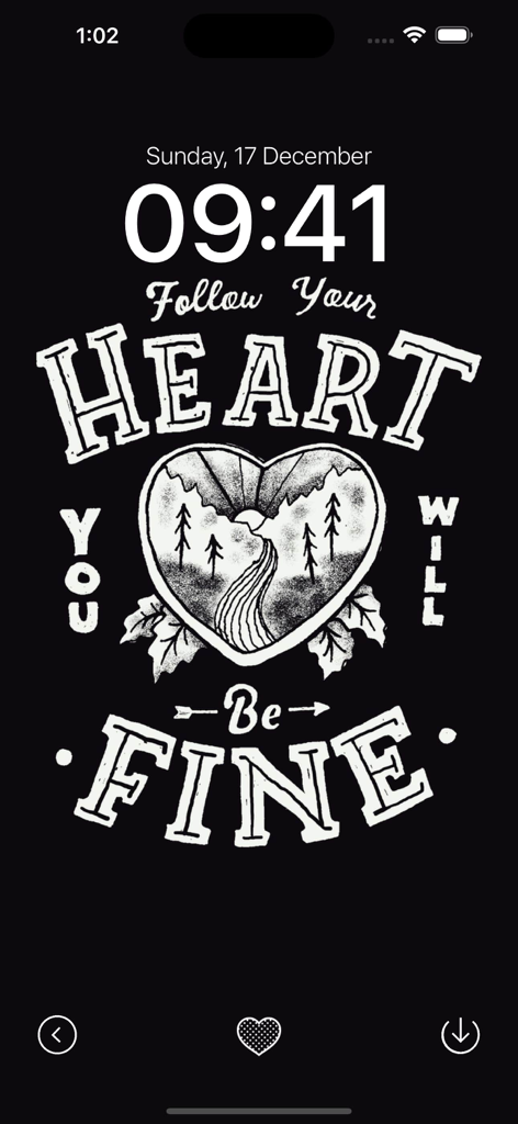 Black Wallpaper App - Black wallpaper for iPhone featuring a white heart illustration and the motivational quote Follow Your Heart You Will Be Fine.