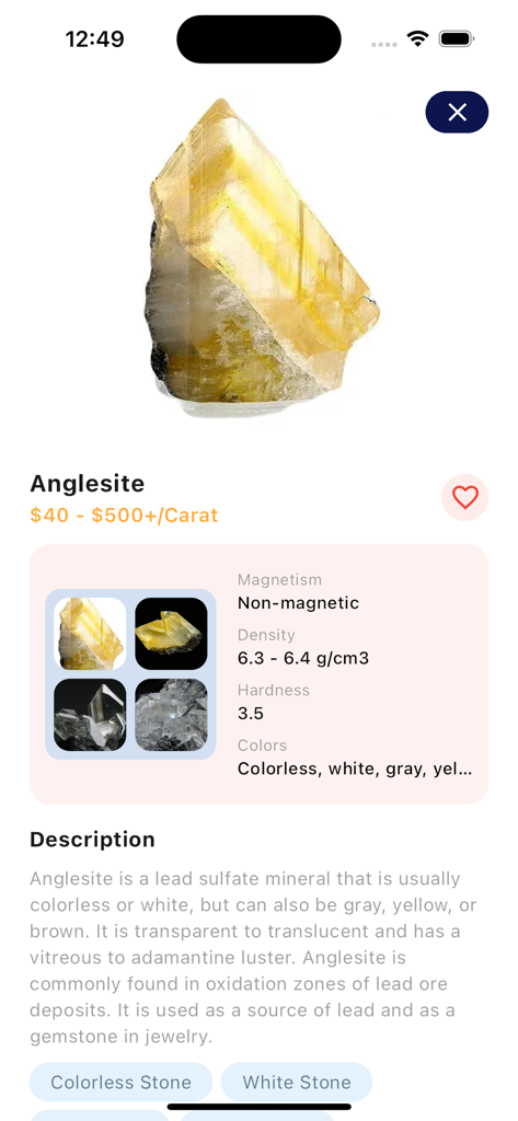 Detailed geological information for Anglesite stone including hardness density and description in the Rock Identifier app