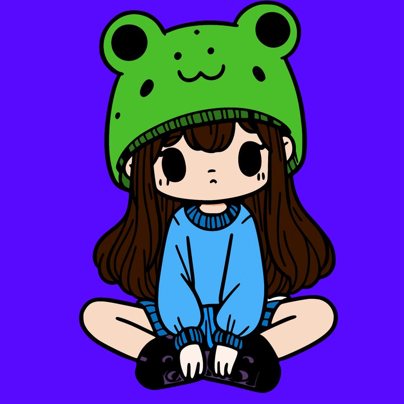 a girl wearing a frog hat and some frog socks
