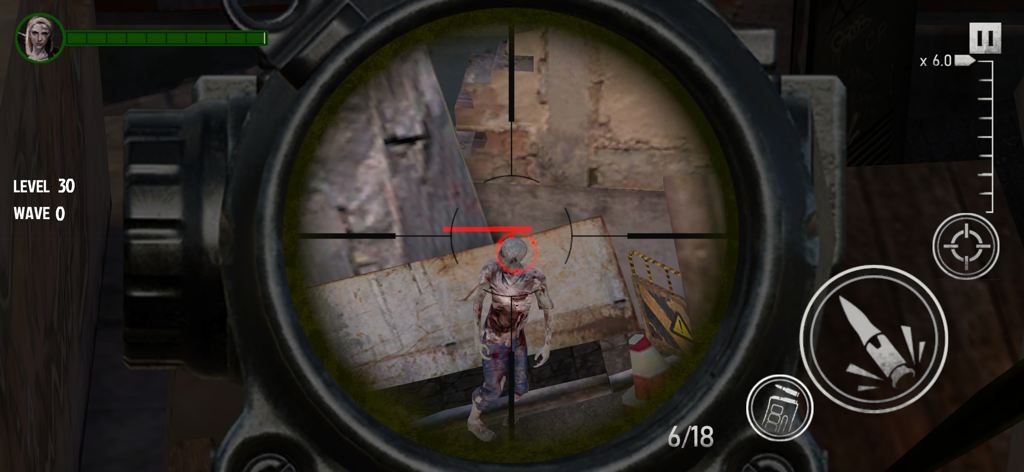 Zombie War - The Last Survivor - Sniper scope view of a zombie in a low poly 3D environment