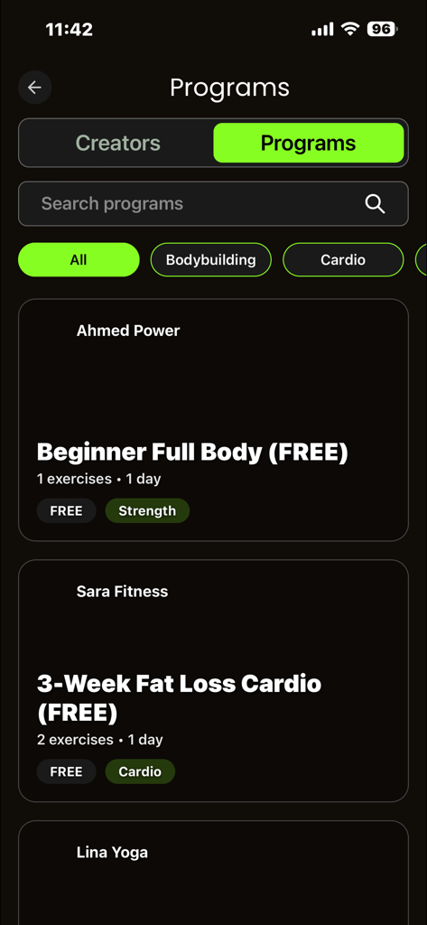 Fit-Rack - Fit-Rack app screen showing a list of workout programs like Beginner Full Body and Fat Loss Cardio