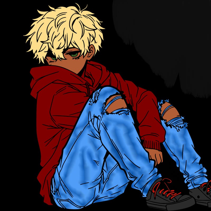 a male hoddie ripped jeans messy hair anime