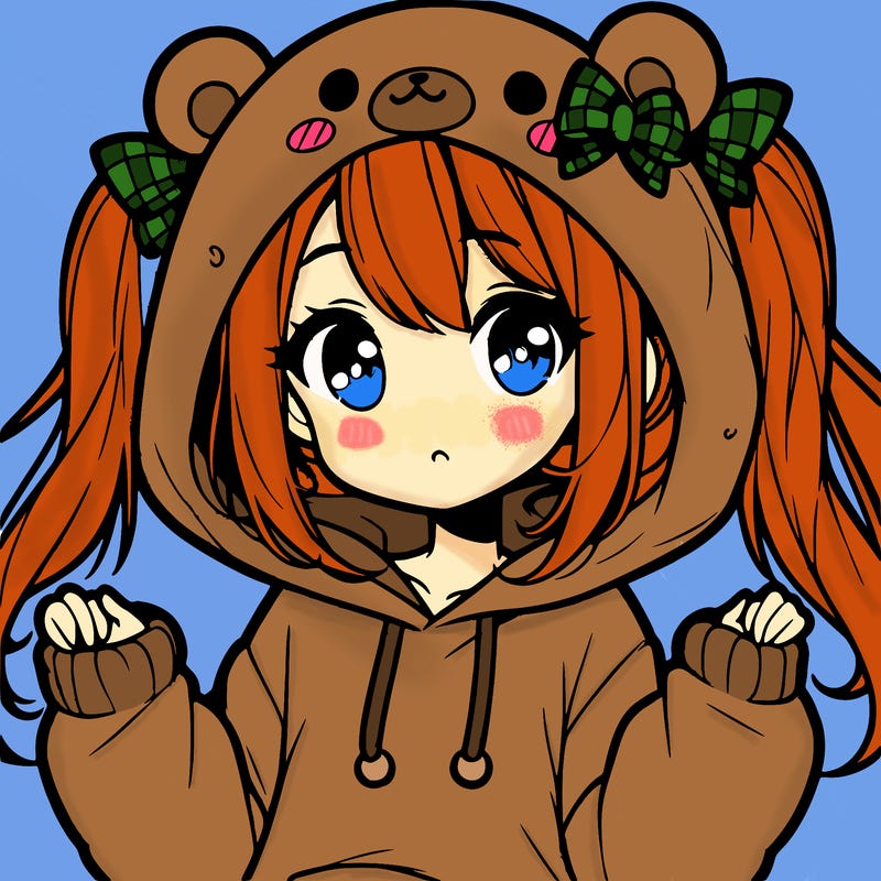cute anime girl with ponytails and a cute bear hoodie