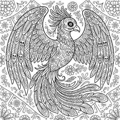 Unleash your creativity with this exquisite Day of the Dead Phoenix coloring page, beautifully merging the mythical firebird with vibrant sugar skull artistry. This intricate design offers a captivating challenge for adult colorists, celebrating themes of renewal and remembrance.