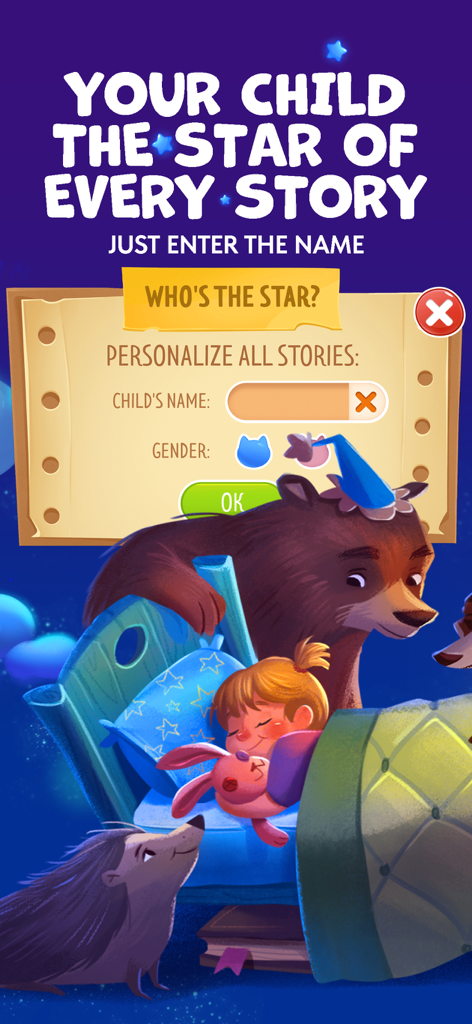 Oberfläche zur Personalisierung von Guten-Nacht-Geschichten durch Eingabe des Namens und Geschlechts eines Kindes in der Kidabook-App.
