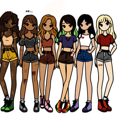 a group of girls wearing crop tops and shorts