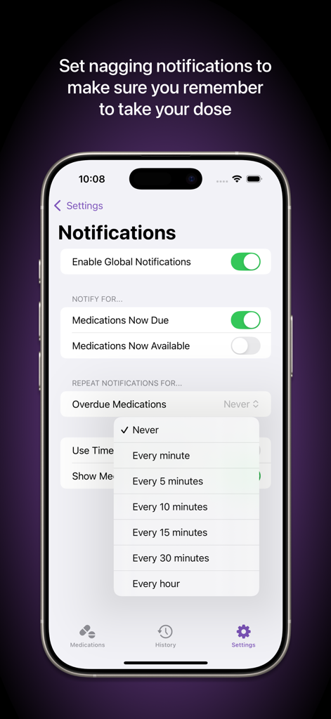 Capsule — Medication Tracker - Capsule app notification settings screen showing repeat reminder intervals for overdue medications