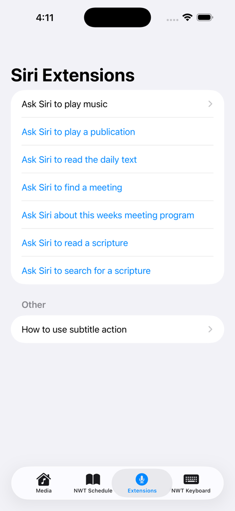 JWX app screen displaying various Siri voice command options for playing music reading the daily text and finding meetings