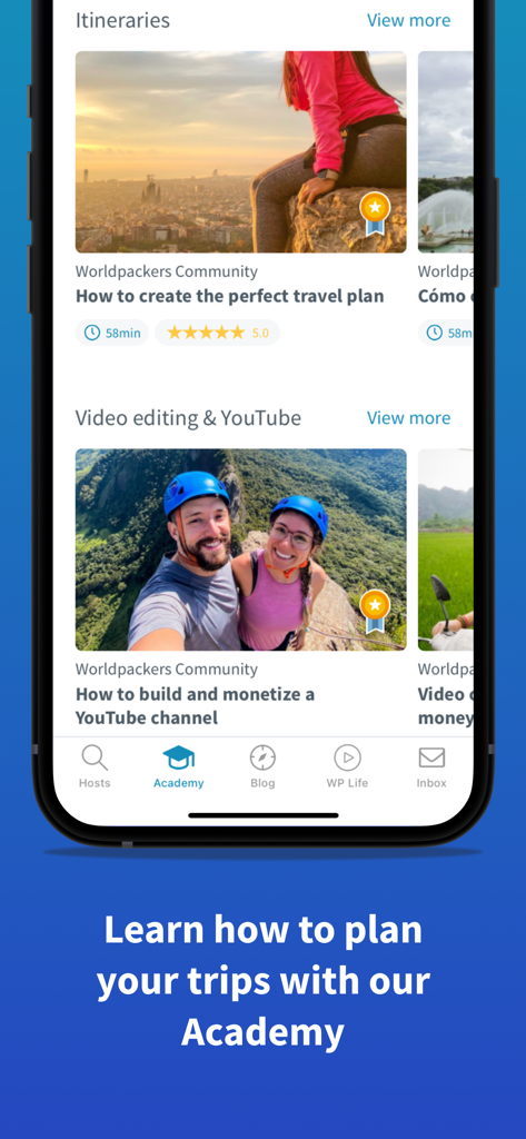 Worldpackers Academy screen featuring travel planning and video monetization courses for travelers