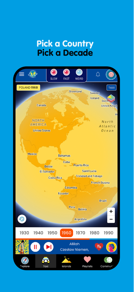Radiooooo - Radiooooo mobile app interface showing a world map and a timeline slider to select music by country and decade