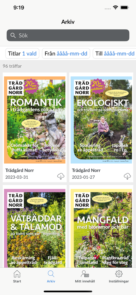 Trädgård Norr - Digital archive of Tradgard Norr magazine issues featuring various gardening covers and search filters.