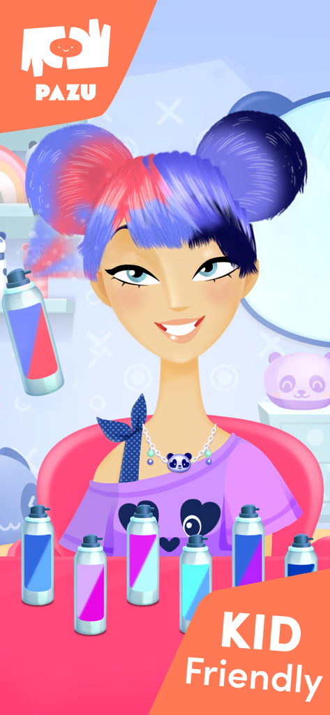 A girl with blue and pink hair buns and various spray paint cans in a kid-friendly styling app