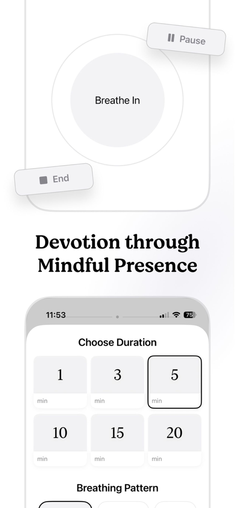 Salah Focus - Interface de l'application Salah Focus montrant un écran d'exercice de respiration consciente et la sélection de la durée pour la méditation