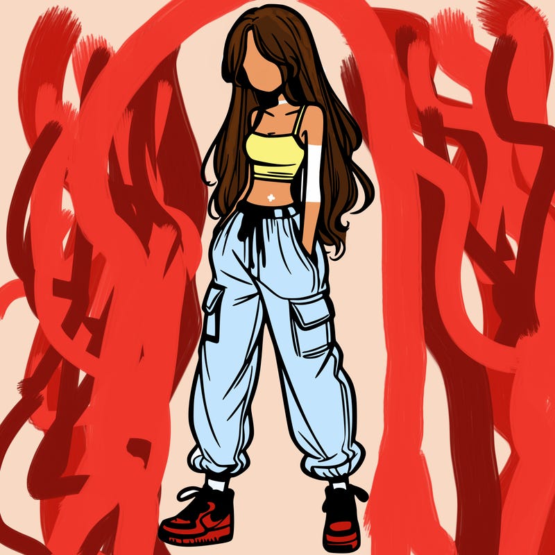 girl in baggy pants crop top and long hair